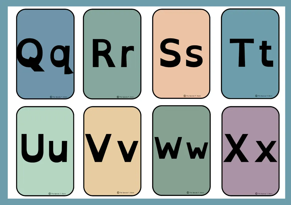 Eight alphabet flashcards pairing uppercase and lowercase letters Q–X: Qq, Rr, Ss, Tt, Uu, Vv, Ww, and Xx