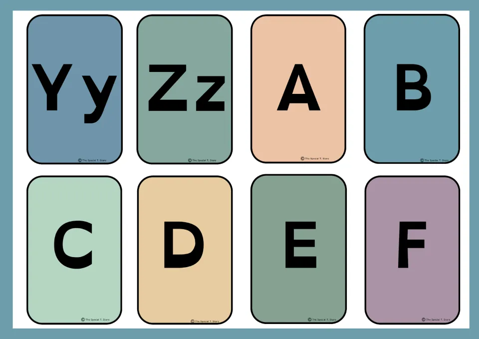 Eight alphabet flashcards finishing the paired letters with Yy and Zz, then starting uppercase cards A–F