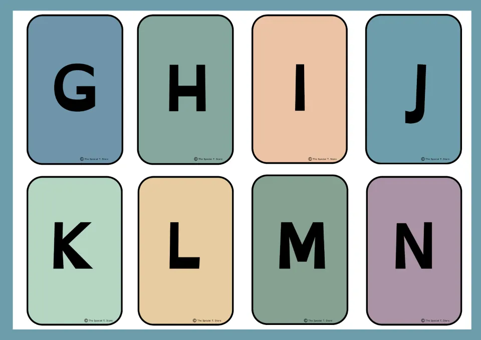 Eight uppercase alphabet flashcards for letter identification, continuing the set with G, H, I, J, K, L, M, and N