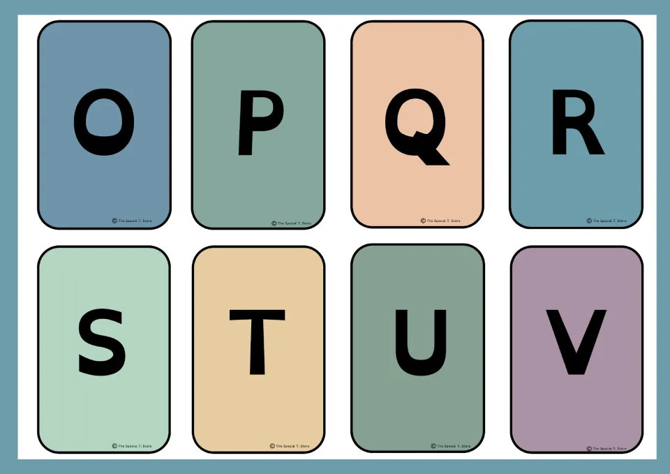 Eight uppercase alphabet flashcards for letter identification, continuing the set with O, P, Q, R, S, T, U, and V