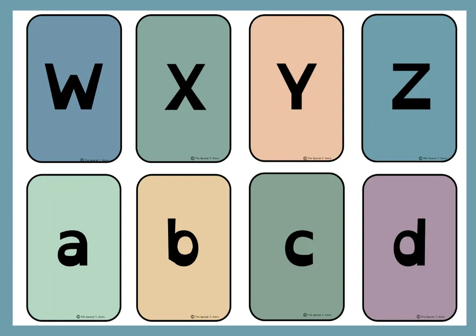 Eight alphabet flashcards finishing uppercase letters with W, X, Y, Z and starting lowercase letters a, b, c, d