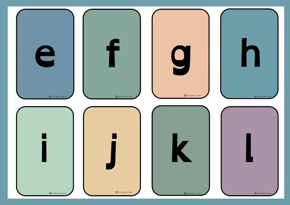 Eight lowercase alphabet flashcards for letter identification, continuing the set with e, f, g, h, i, j, k, and l