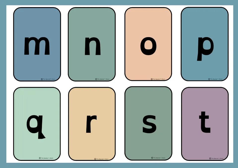Eight lowercase alphabet flashcards for letter identification, continuing the set with m, n, o, p, q, r, s, and t