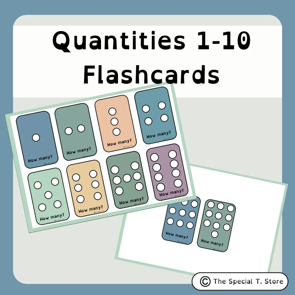 Cover of “Quantities 1-10 Flashcards,” showing sample cards with dots and the counting prompt “How many?”
