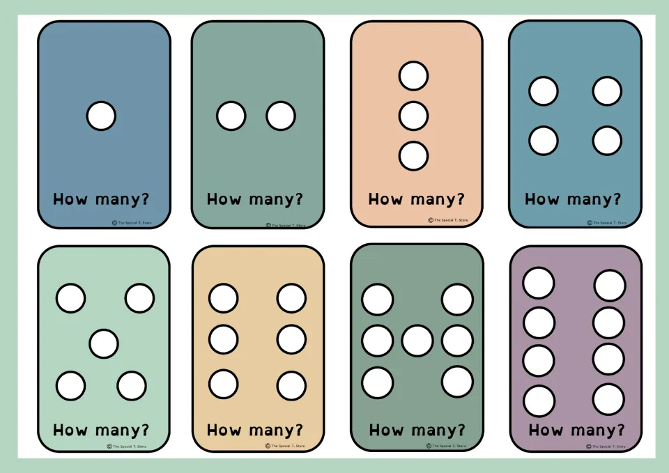 Quantity flashcards 1–8 of the 10-card set, each showing a matching number of dots and asking “How many?”