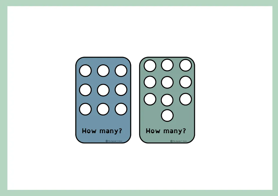 Quantity flashcards 9–10 of the 10-card set, showing nine dots and ten dots with the prompt “How many?”
