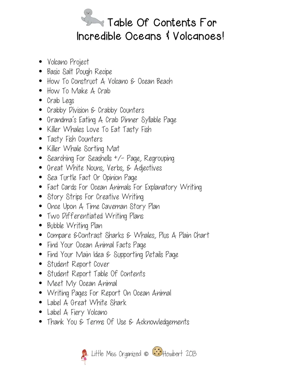 Table of contents listing the volcano project, crab craft, math counters, grammar pages, writing plans and report pages
