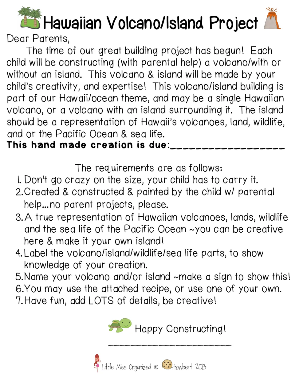 Hawaiian volcano/island project letter to parents listing seven requirements, like labeling parts and naming the island