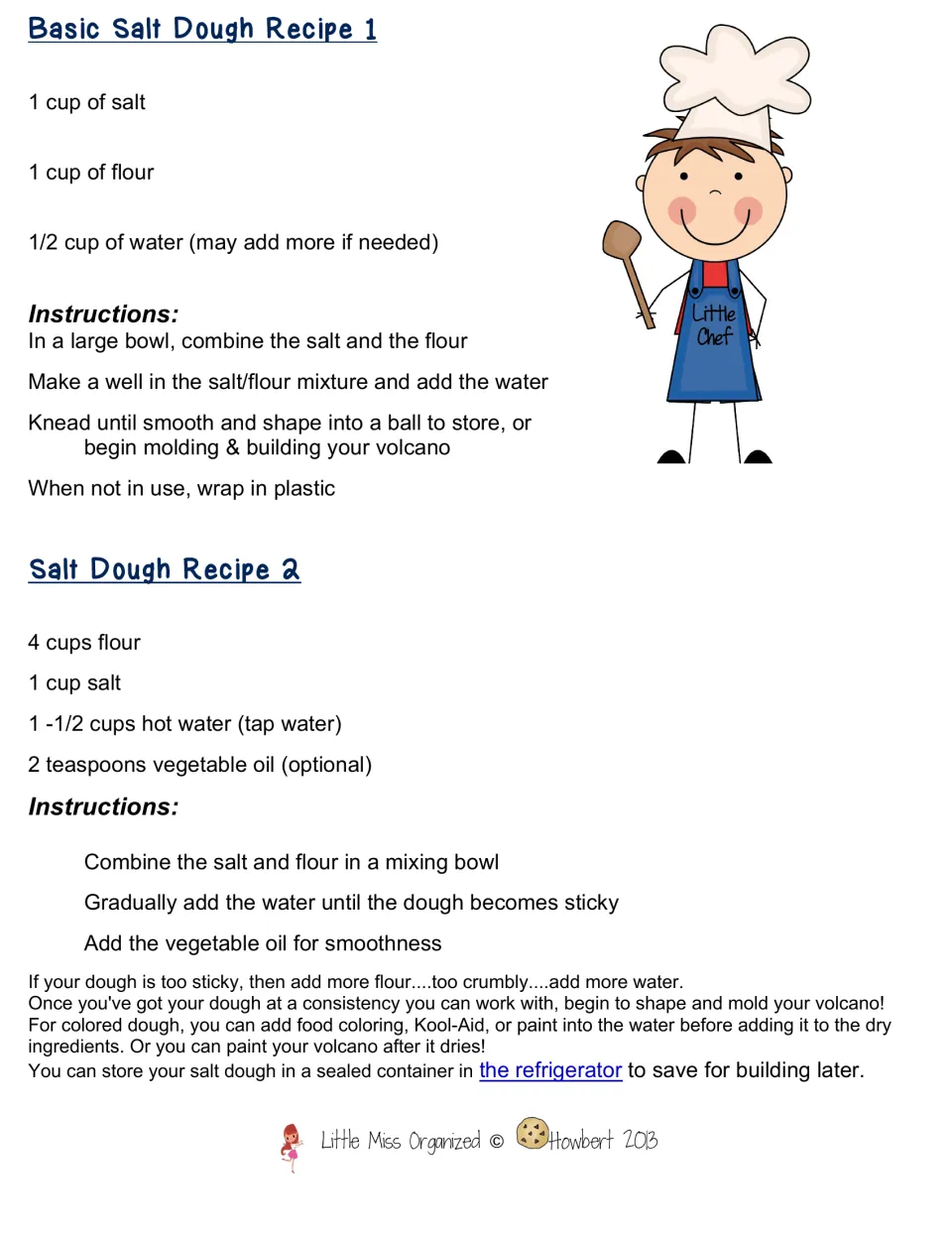 Two salt dough recipes giving salt, flour and water amounts with mixing steps for molding a volcano model