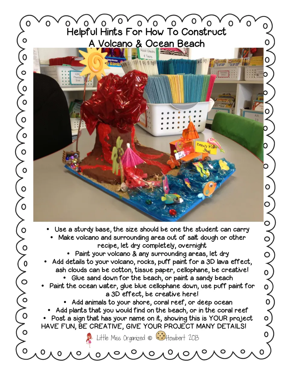 Volcano and ocean beach model tips: photo of a finished model plus steps for base, dough, paint, sand and sea life