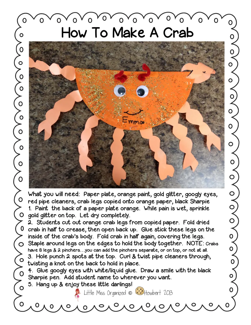 Paper plate crab craft: photo of a finished crab plus supply list and five steps for legs, eyes and pipe cleaners