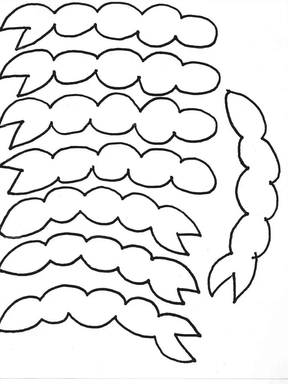Crab leg cut-outs: eight wavy outlined legs with pincer ends to copy onto orange paper for the paper plate crab