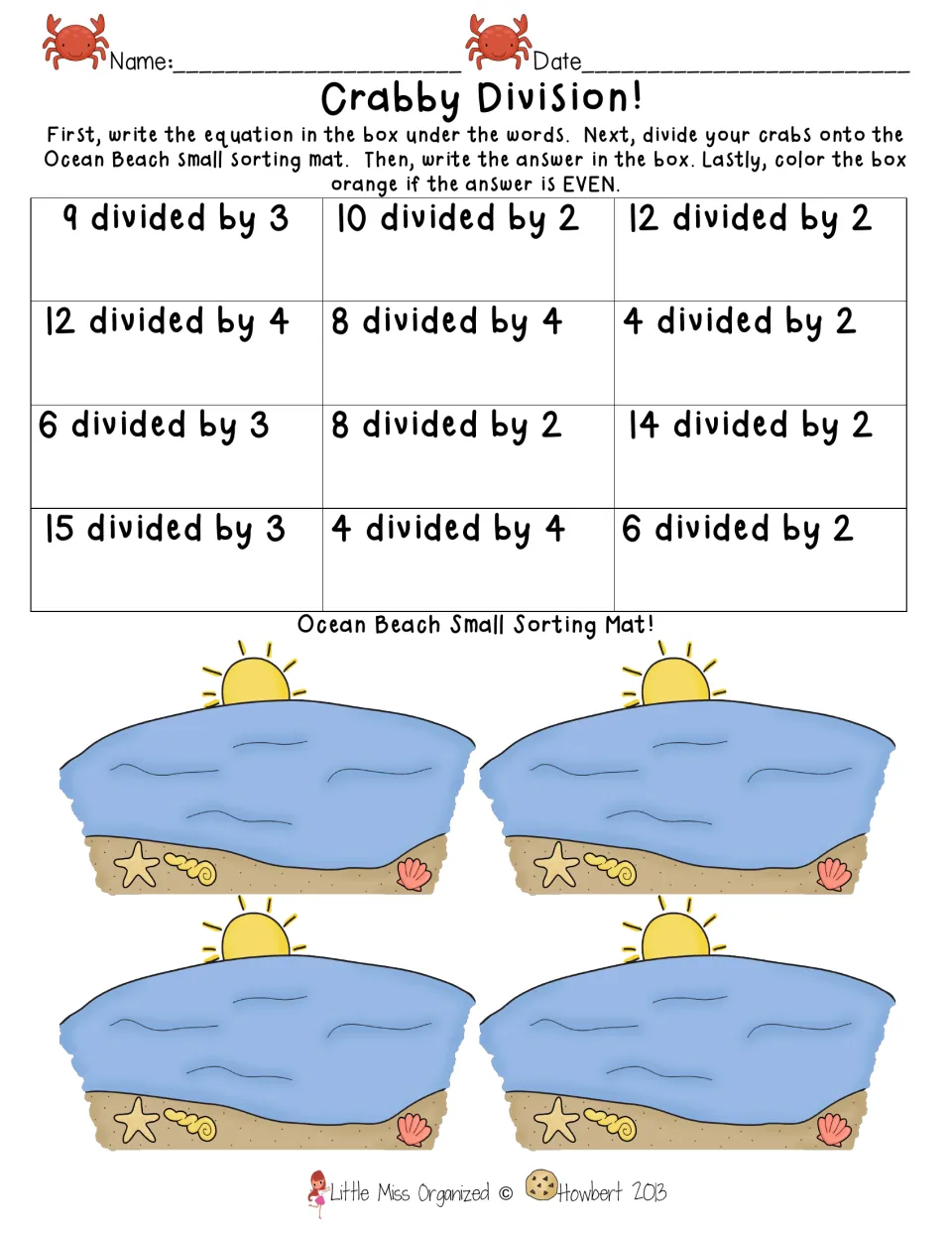 Crabby Division: students write 12 equations like 9 divided by 3, share crab counters on beach mats and color even answers