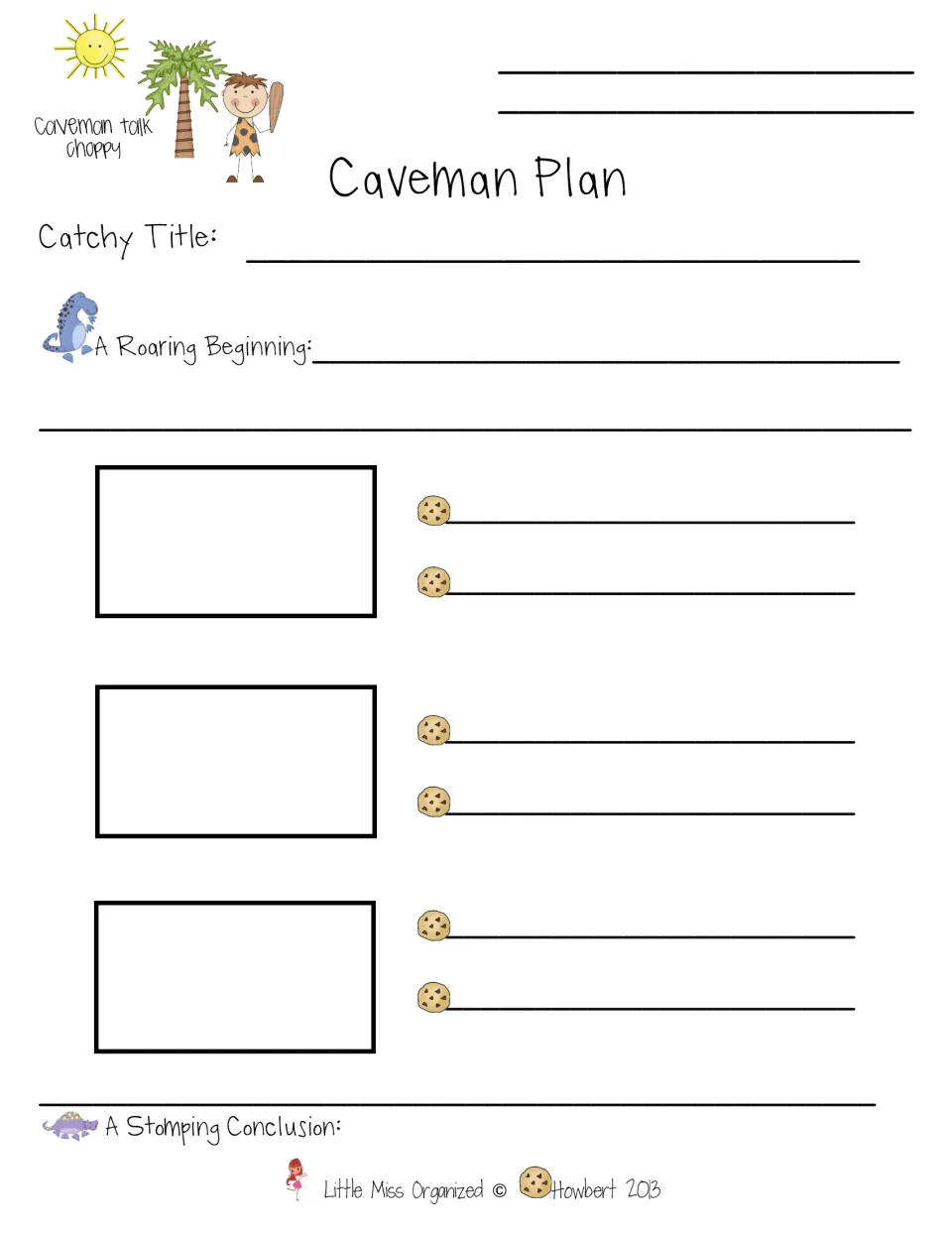 Caveman Plan story organizer: students plan a catchy title, roaring beginning, three events and a stomping conclusion