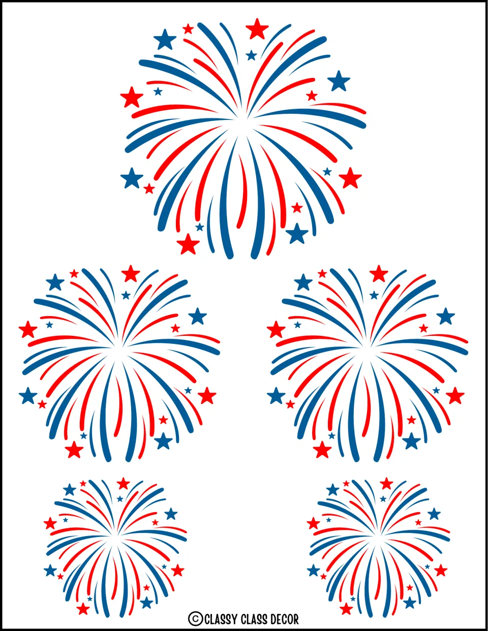Five red and blue firework cutouts in three sizes for the kit's Independence Day bulletin board or door display