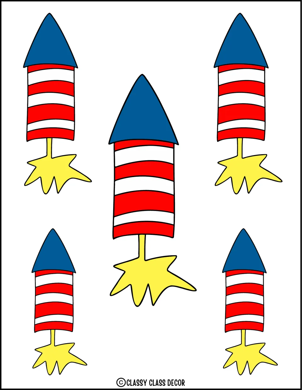 Five striped rocket cutouts with blue tips and yellow flames in three sizes for the patriotic display