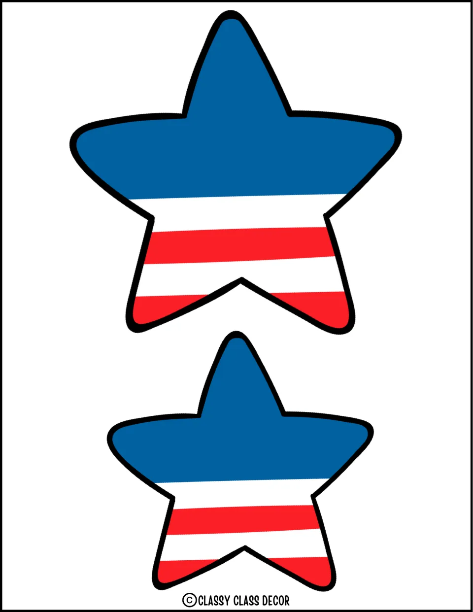 Two star cutouts in different sizes with blue tops and red and white stripes for the patriotic decor kit