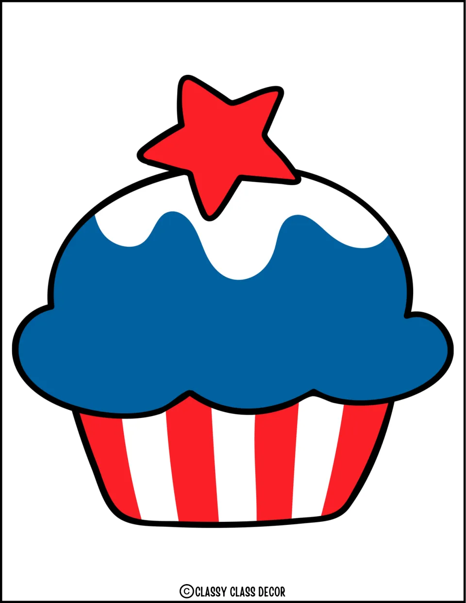 One patriotic cupcake cutout with blue frosting, a striped wrapper, and a red star for the display kit
