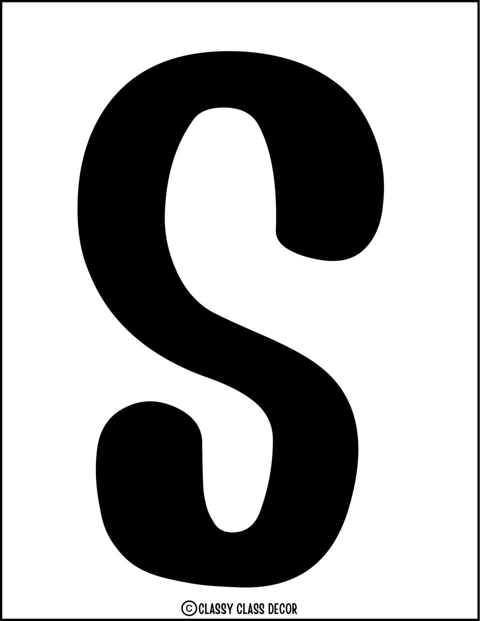 Bulletin board letter S: one full-page solid black capital S in a rounded font, printed to cut out for a display title