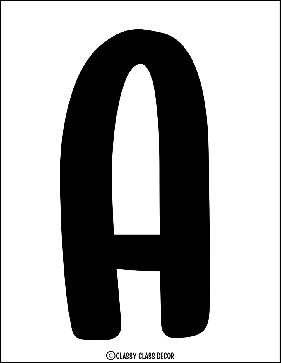 Bulletin board letter A: a full-page solid black capital A in a hand-drawn rounded style, for cutting out as display text