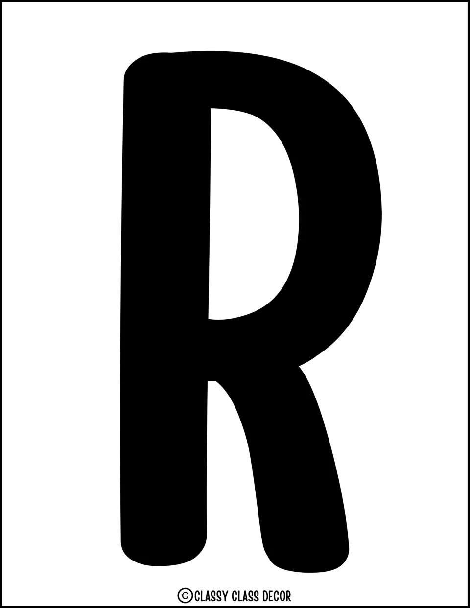 Bulletin board letter R: a full-page solid black capital R in the same rounded font, to cut out for the display title