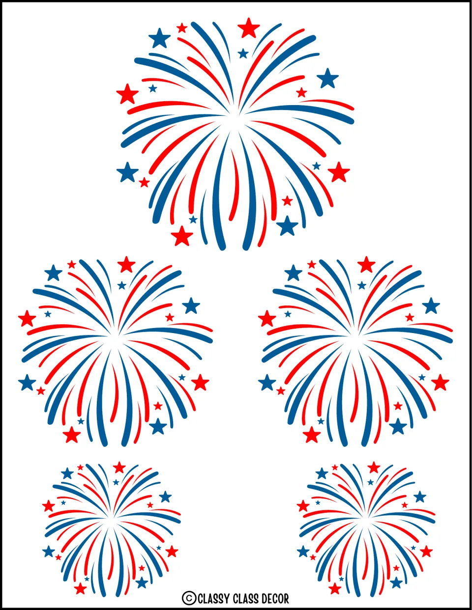 Fireworks cut-outs: five red and blue firework bursts with stars in three sizes, one large, two medium, two small
