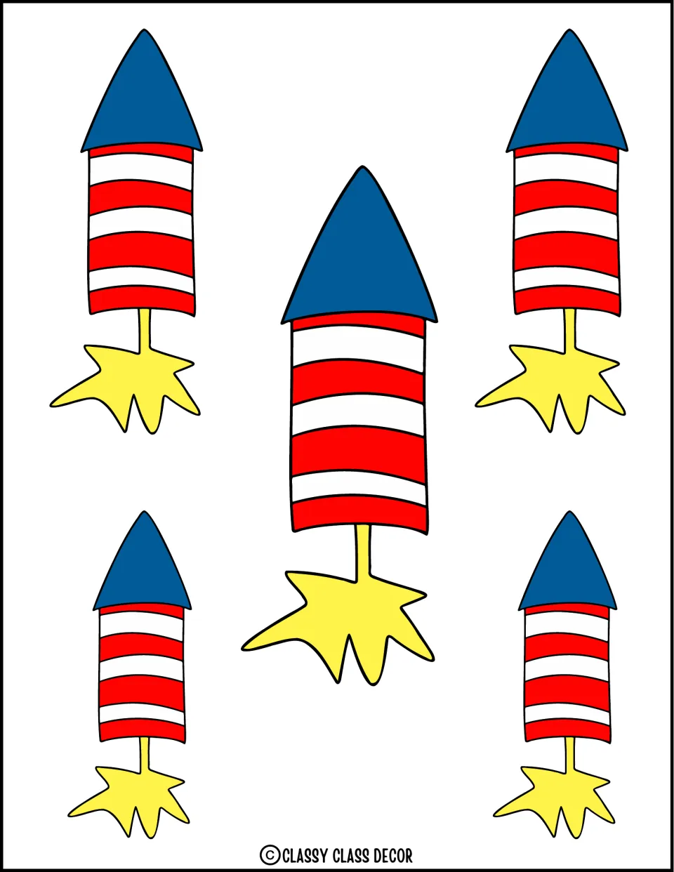 Rocket cut-outs, second sheet: five more red and white striped rockets with blue nose cones and yellow flames