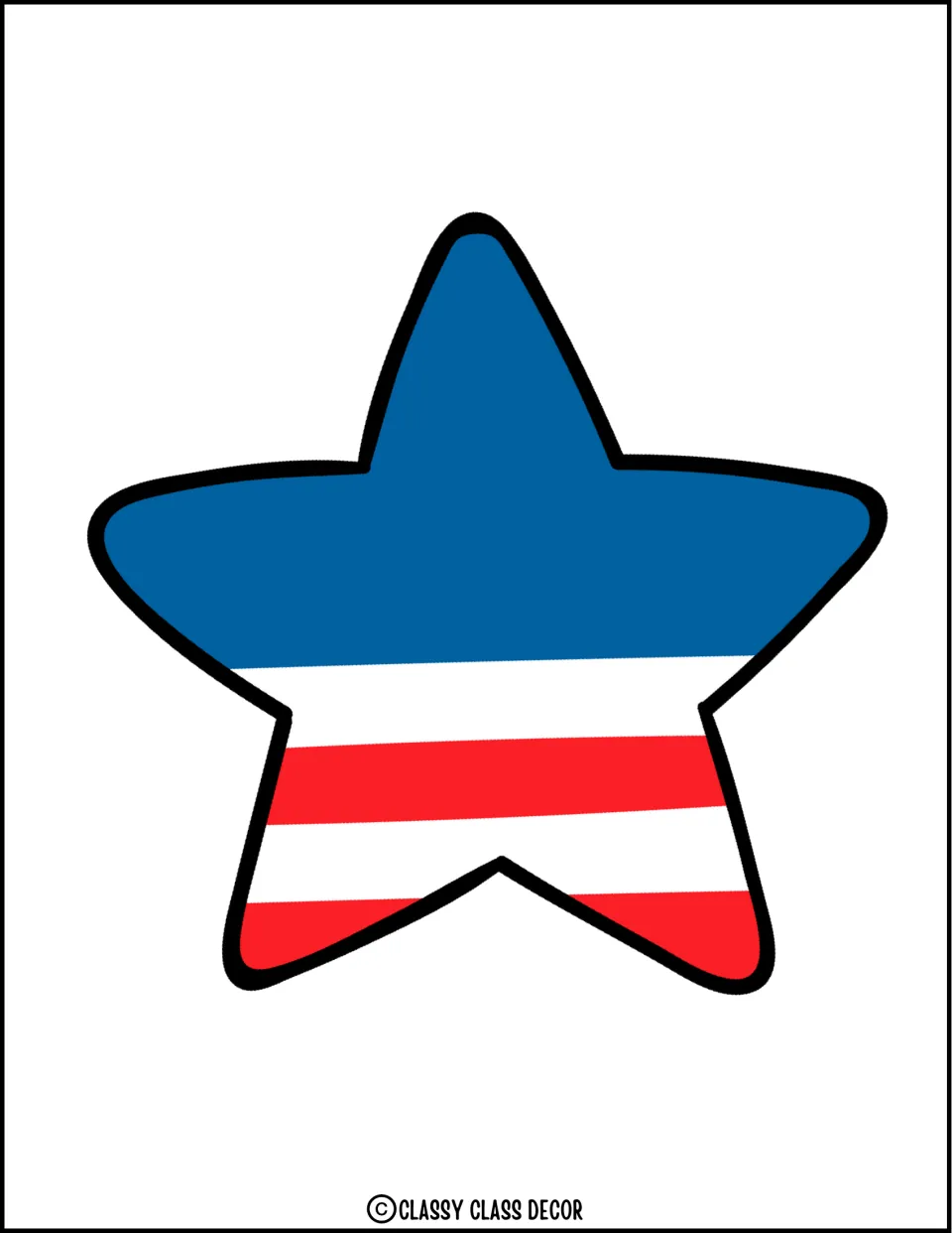Large patriotic star cut-out: one star with a blue top and red and white stripes below, filling most of the page