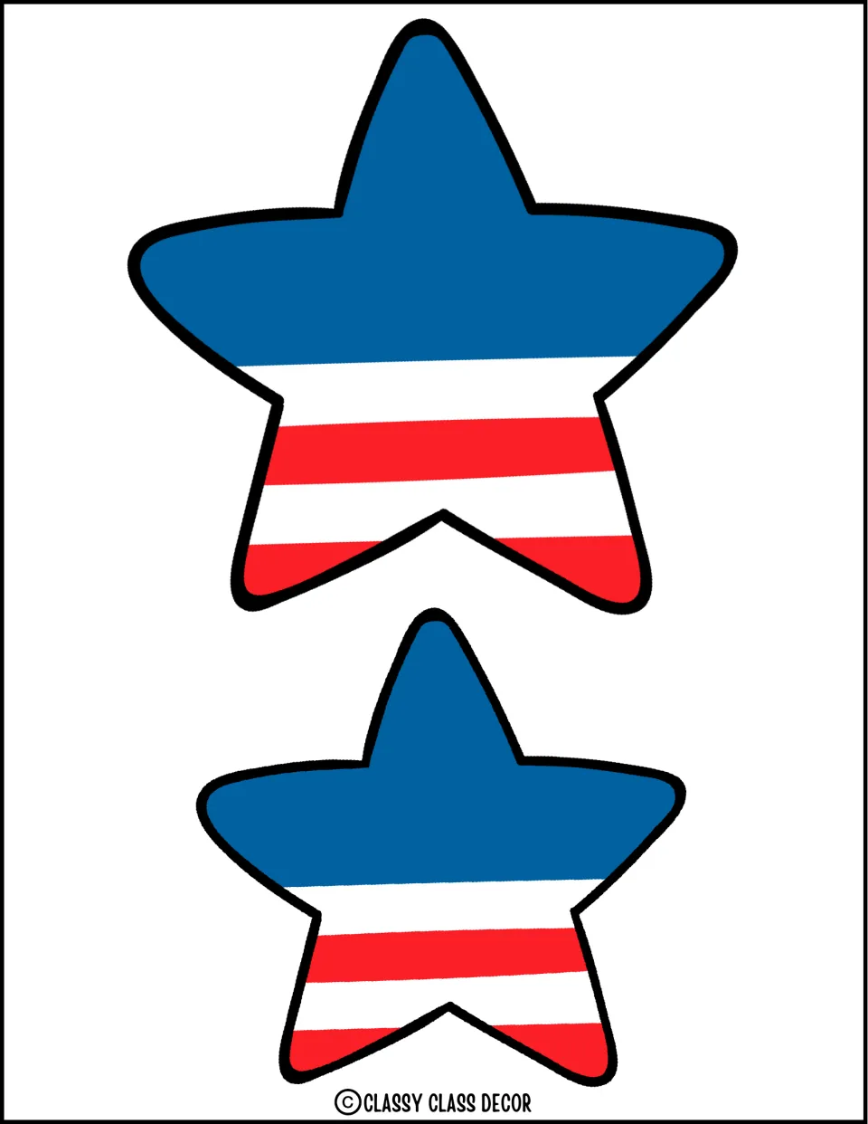 Two medium patriotic star cut-outs, each with a solid blue upper half and red and white stripes across the bottom