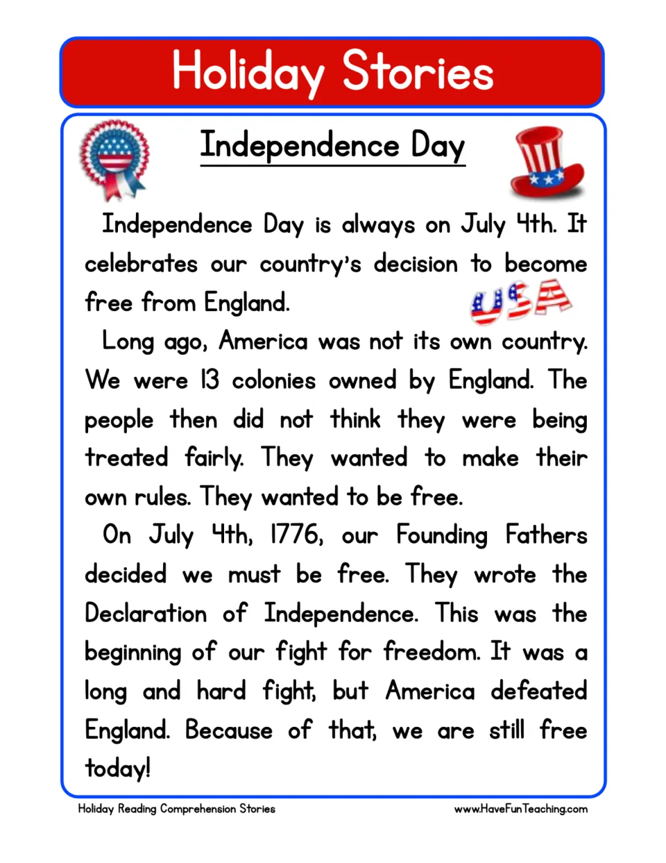 Independence Day reading passage: students read about the 13 colonies, July 4th, 1776 and the Declaration of Independence