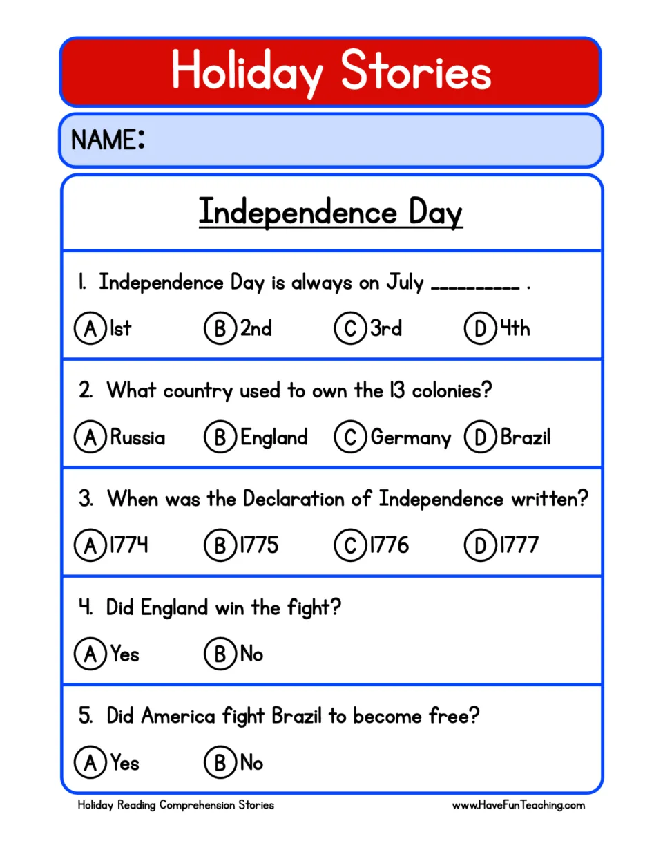 Independence Day comprehension quiz: students answer 5 multiple-choice questions on the date, England and 1776