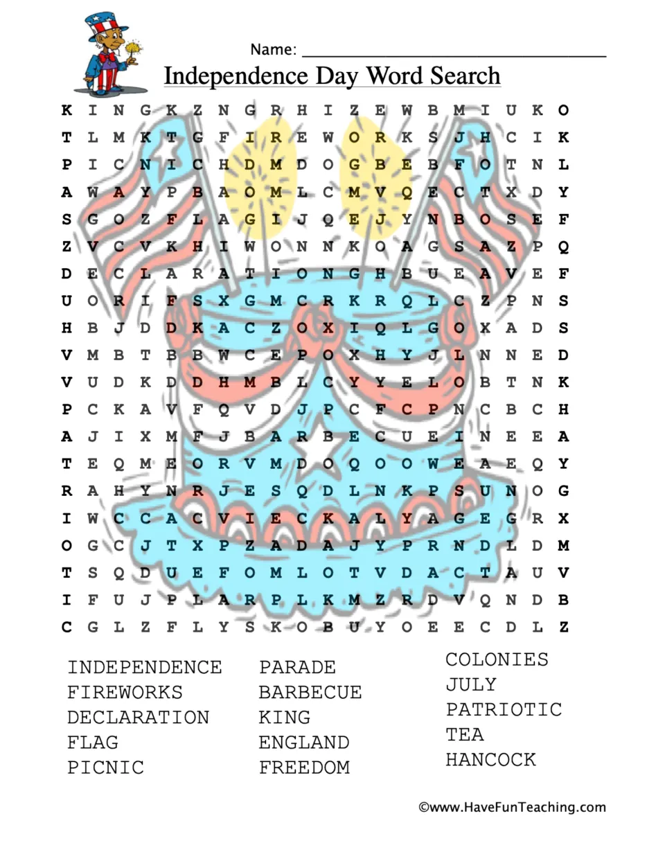 Fourth of July word search: students hunt for 15 words like fireworks, declaration, colonies, Hancock and freedom