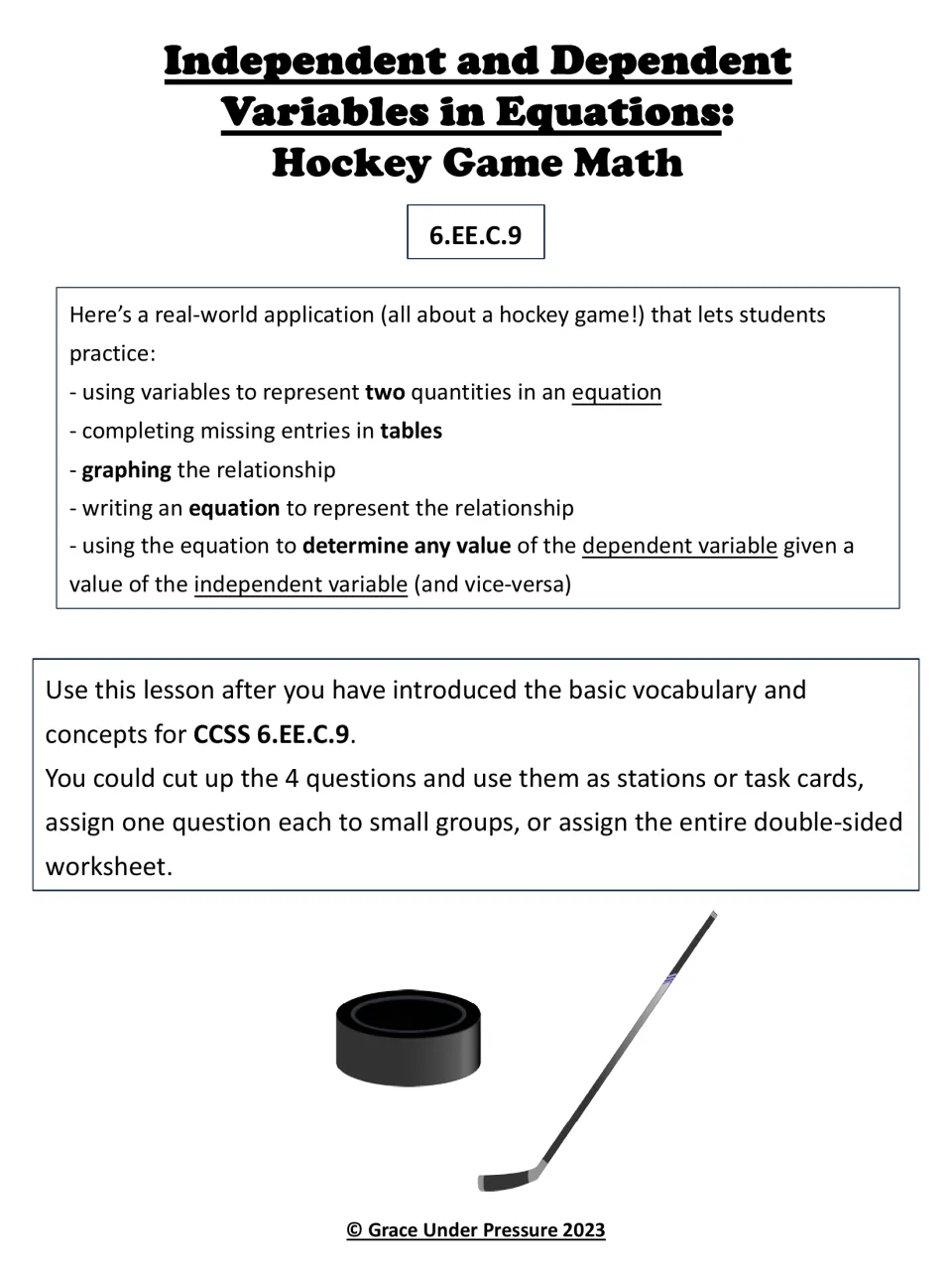 Hockey Game Math title page: lists practice with variable tables, graphs and equations and suggests use as task cards
