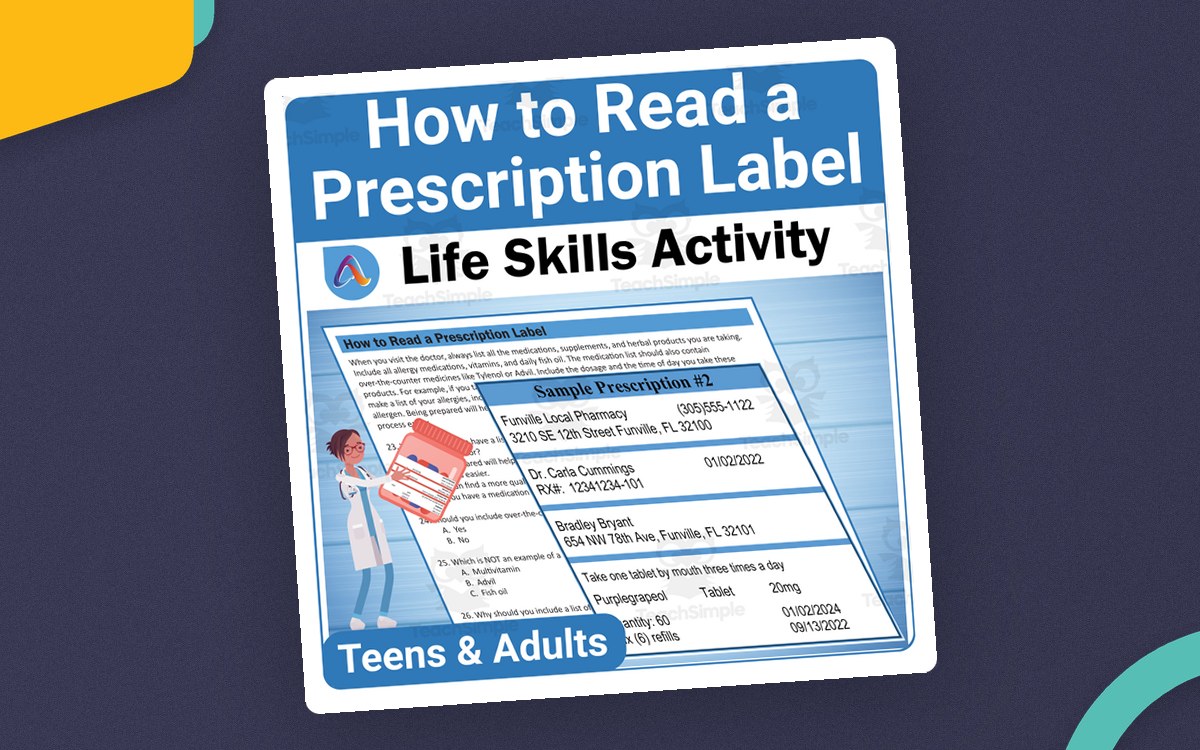 How to Read a Prescription Label life-skills cover with enlarged sample labels and worksheet previews.