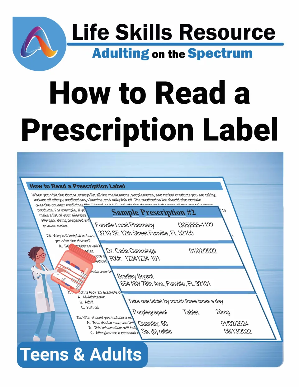 Cover of How to Read a Prescription Label, a Life Skills Resource for teens and adults, showing a sample label and quiz