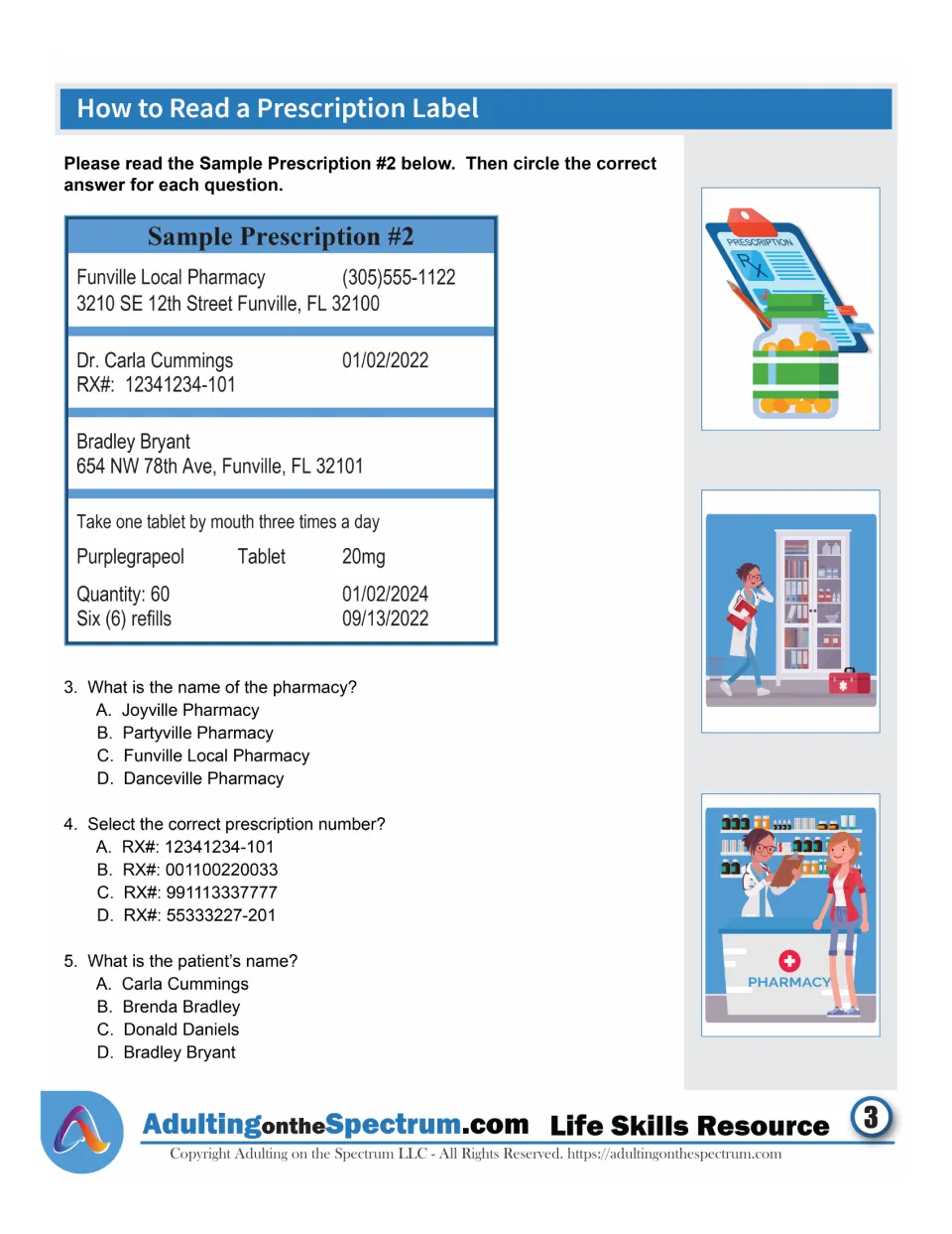 Sample Prescription #2 questions: students find the pharmacy name, prescription number and patient's name on the label