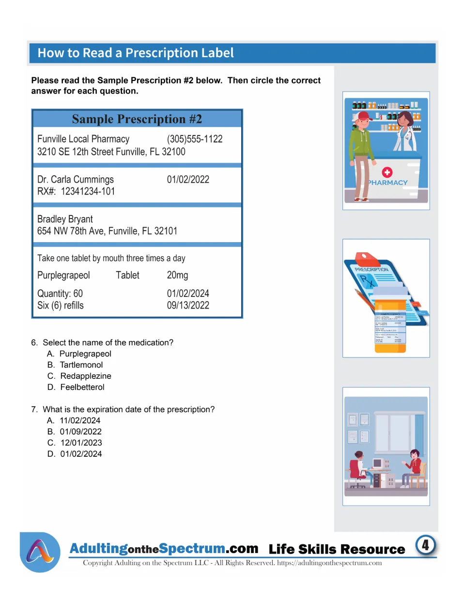 Sample Prescription #2 continued: students circle the medication's name and the expiration date shown on the label