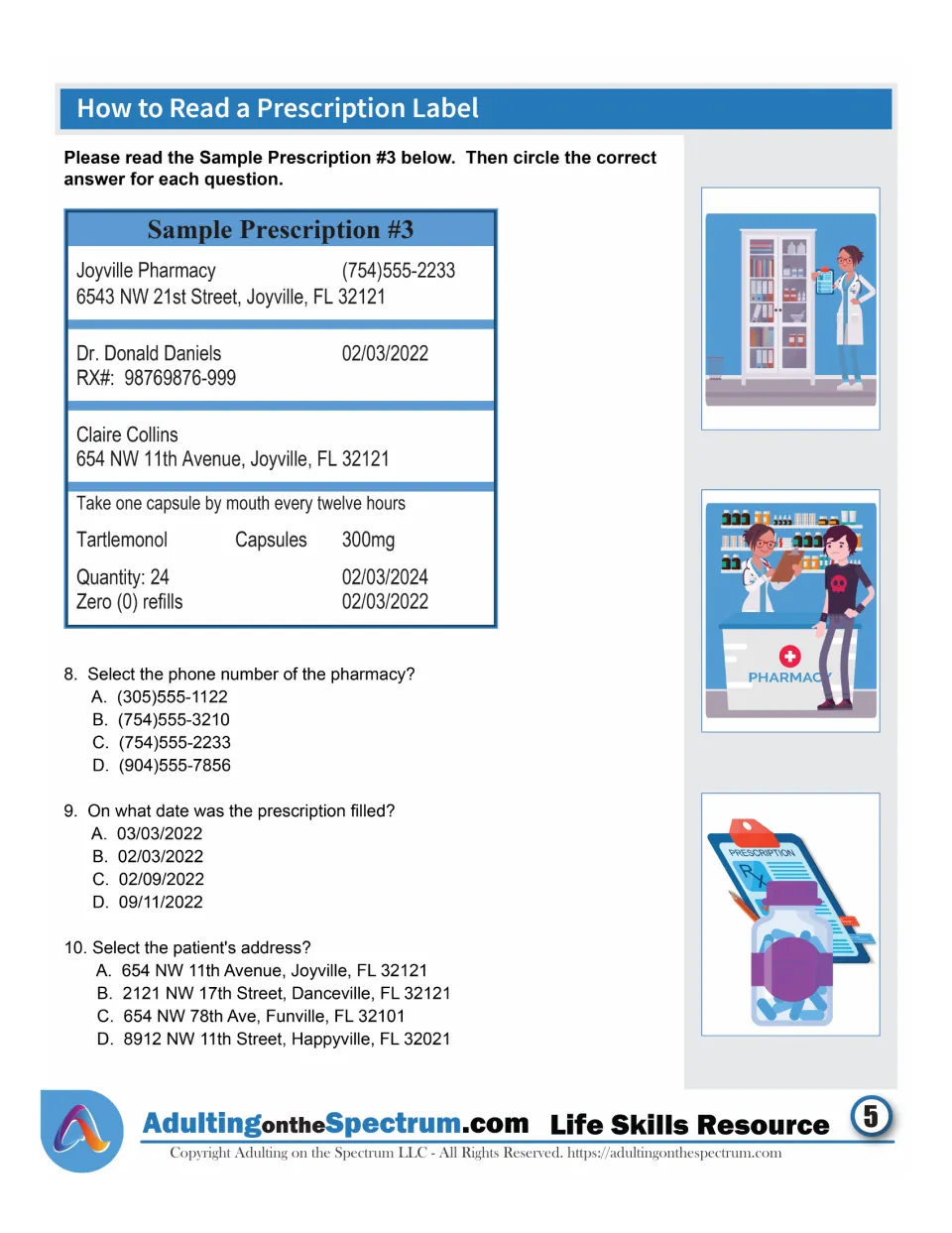 Sample Prescription #3 questions: students circle the pharmacy phone number, the date filled and the patient's address