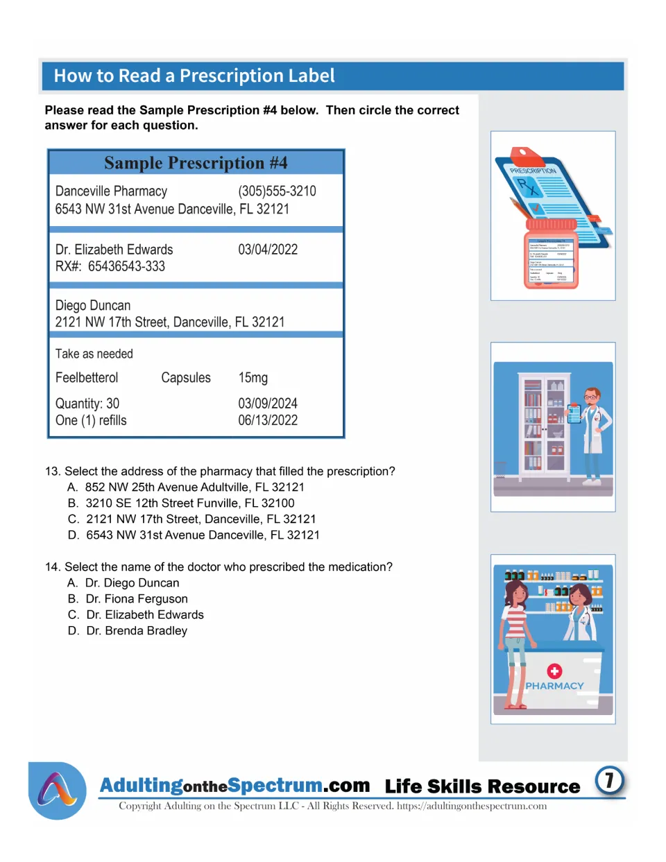 Sample Prescription #4 questions: students select the pharmacy's address and the doctor who prescribed the medication