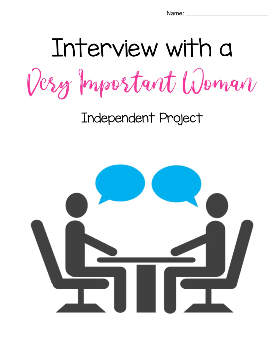 Interview with a Very Important Woman cover: Independent Project title, name line and two people with speech bubbles