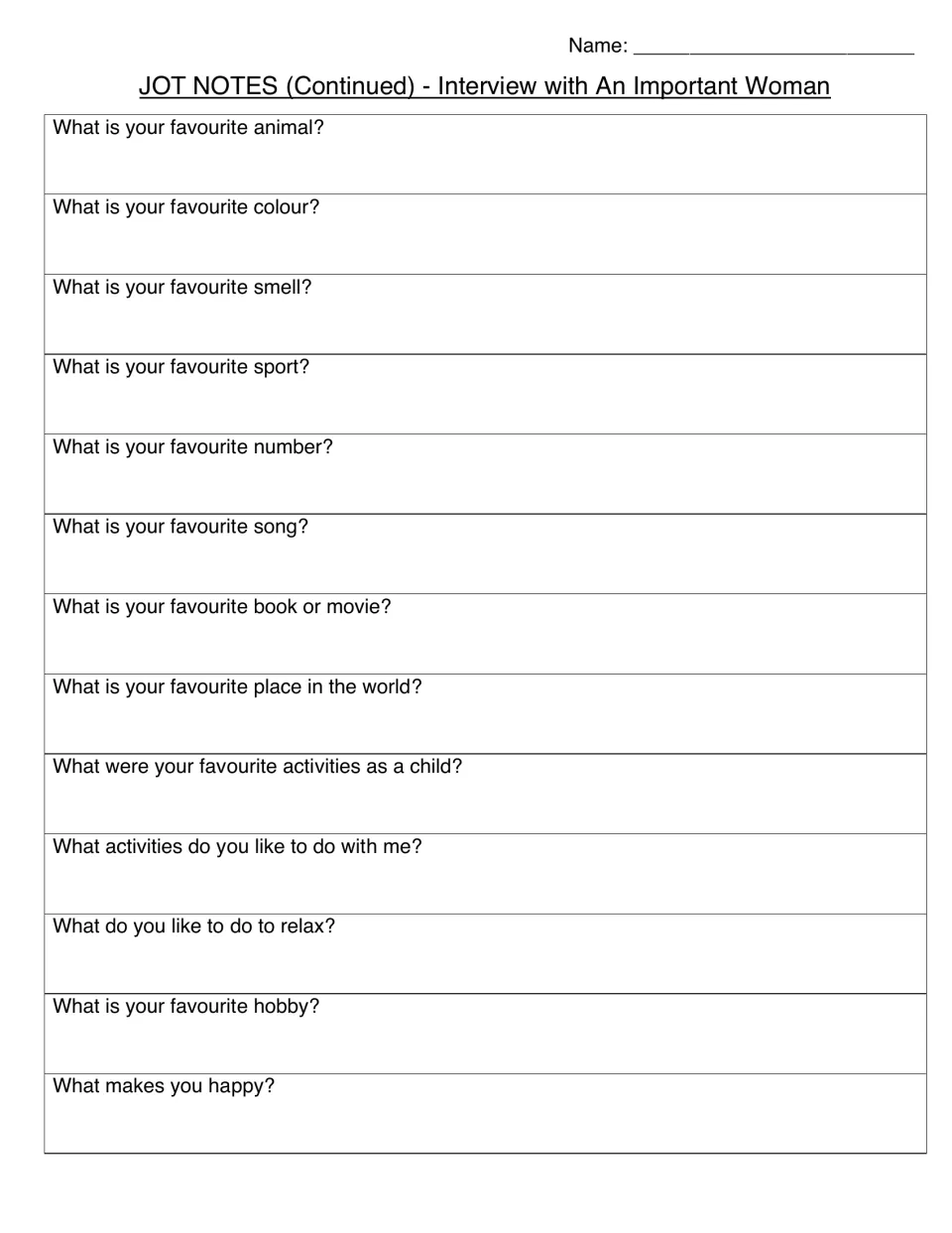 Jot notes continued, woman interview: space for answers on favourite animal, colour, song, place, hobbies and happiness
