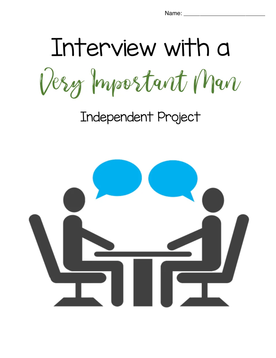 Interview with a Very Important Man cover: Independent Project title, name line and two people talking at a table