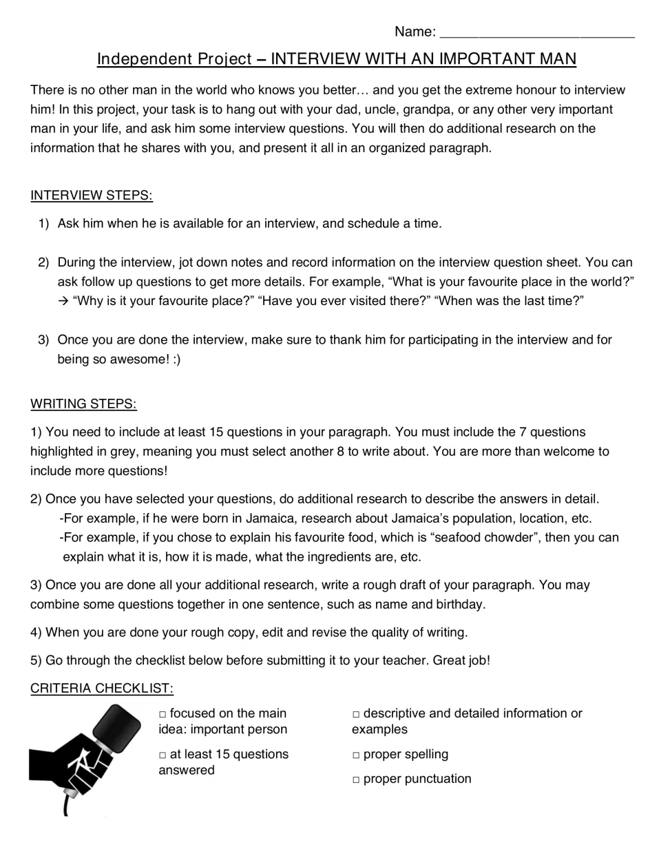 Man interview project directions: interview steps, research examples like Jamaica and seafood chowder, writing checklist