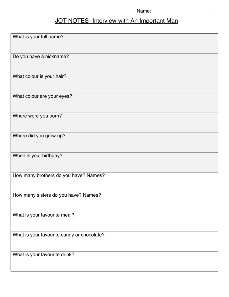 Jot notes for the man interview, part 1: students record answers about name, nickname, hair, eyes, birthday and siblings