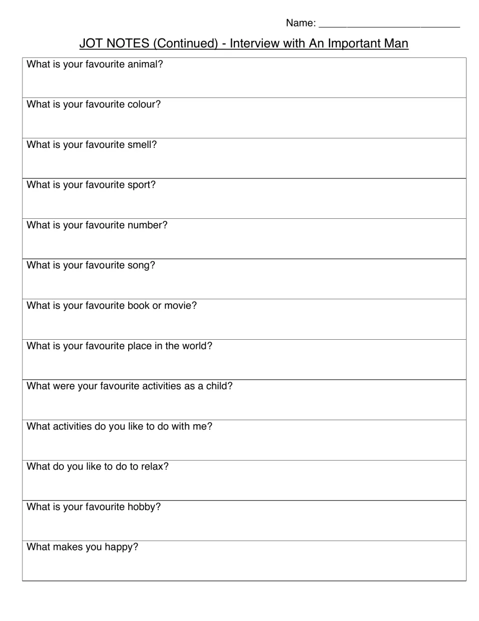 Jot notes continued, man interview: answer space for favourite sport, number, book or movie, childhood activities, hobby