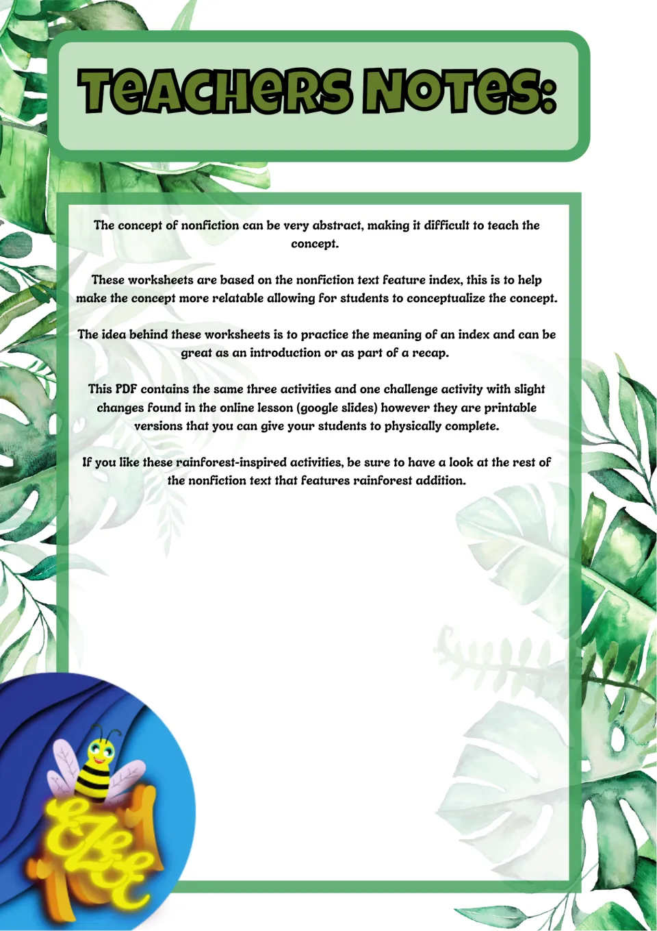 Teachers Notes explaining the sheets practise the nonfiction index feature with three activities and one challenge