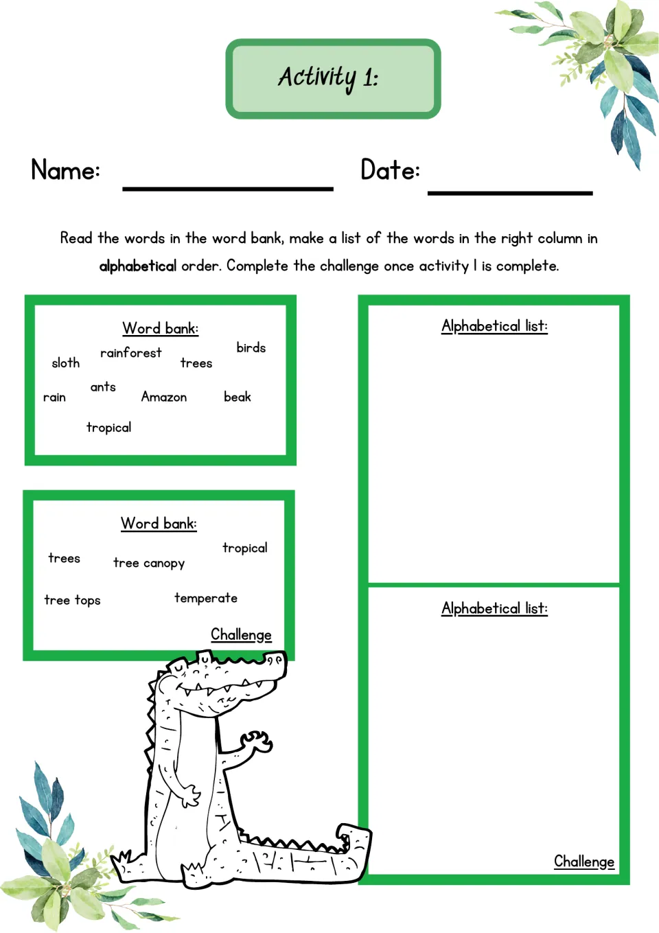 Activity 1 alphabetical order: students list rainforest words like sloth, Amazon and beak, plus a tree-word challenge