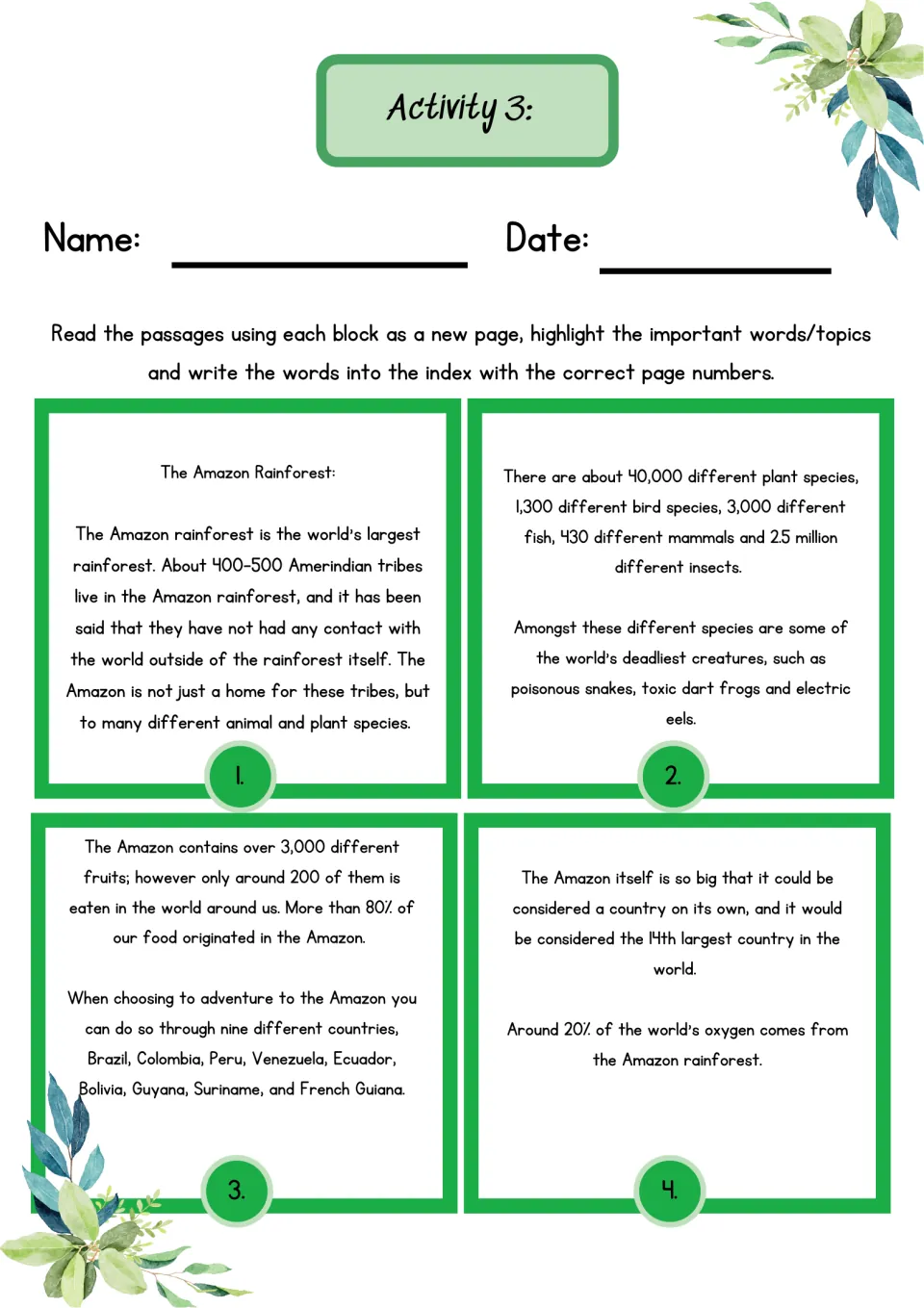 Activity 3 Amazon Rainforest passages: students highlight key topics in four numbered sections and index them by page number
