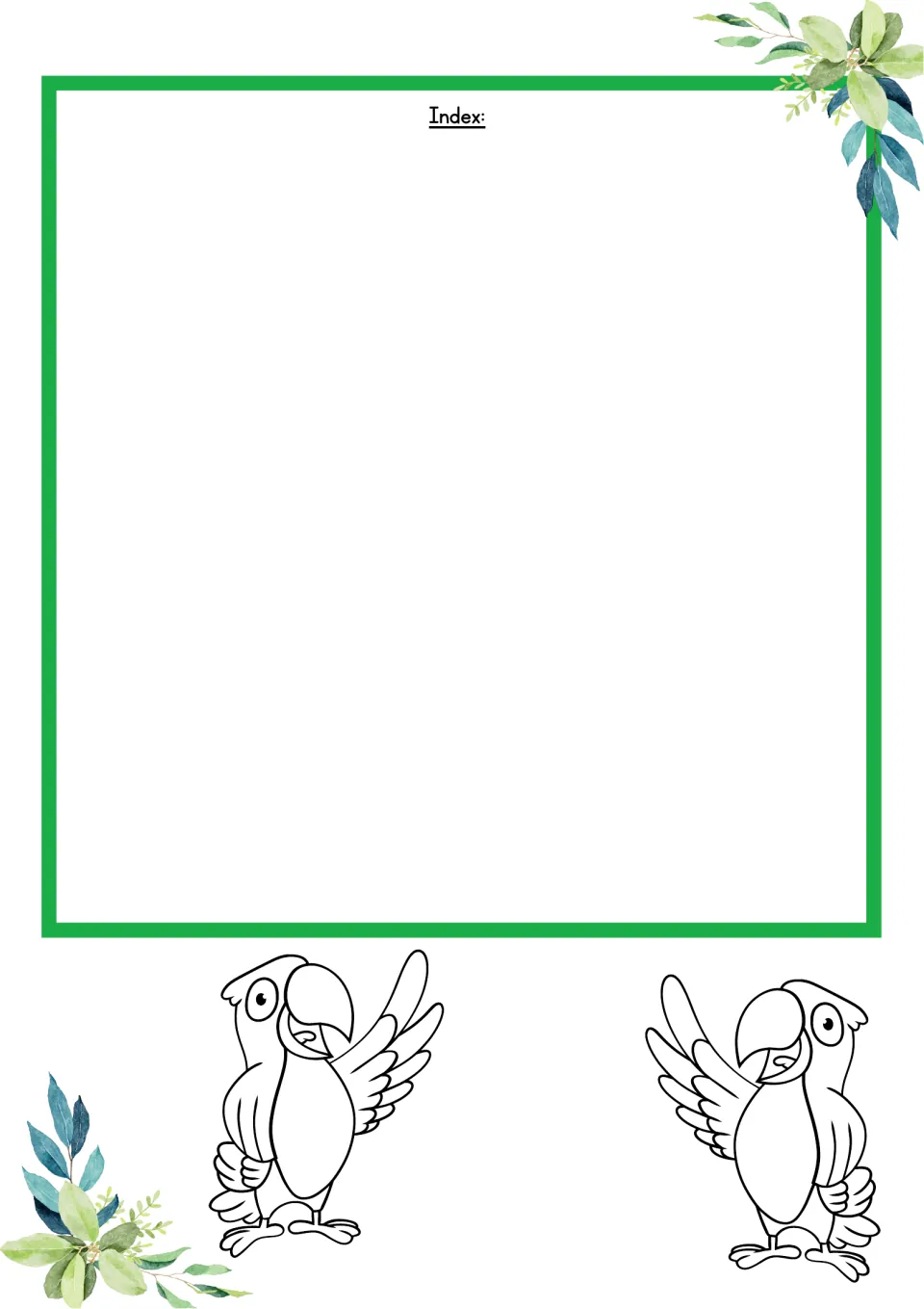 Blank Index page where students write the highlighted Amazon words and their page numbers, with two parrot drawings
