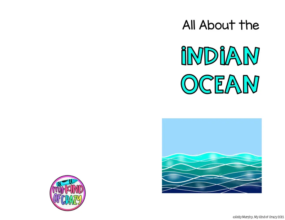 Color adapted book cover reads “All About the Indian Ocean” and includes an ocean wave illustration.
